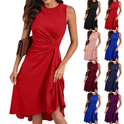 Summer New Fashionable Sleeveless Solid Color A-line Wrinkled Dress