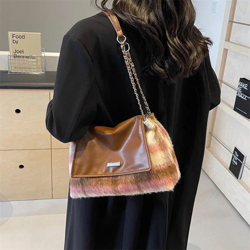 Small Soft Woolen Shoulder Bag for Women 2024 Winter Korean Fashion Female Chain Underarm Bag Handbags and Purses