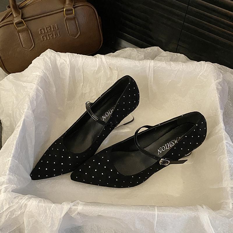 Women's Slope Heel Shoes Spring New Pointed Head Suede Rhinestones with Anti-slip Wear-resistant High Heels