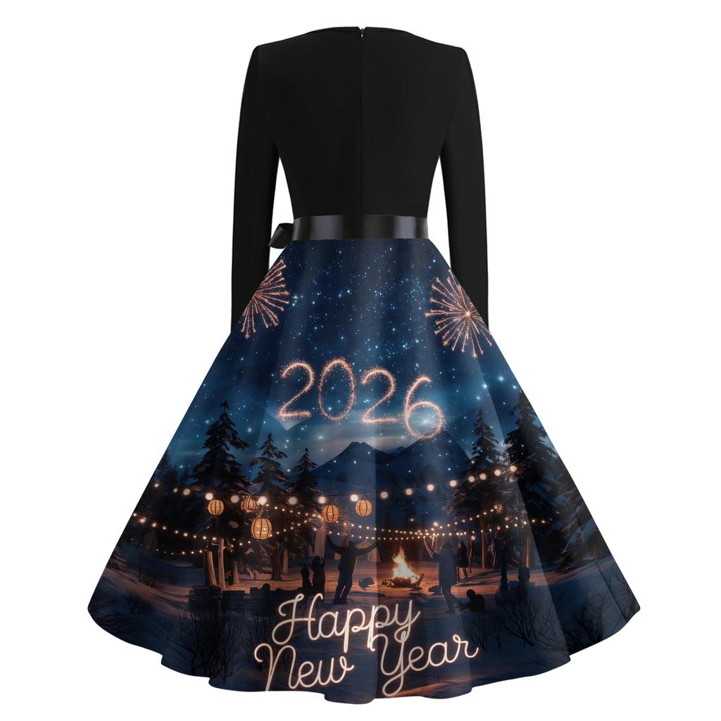 Women's Casual Fashion Round Neck Long Sleeve New Year Printed Retro Dress
