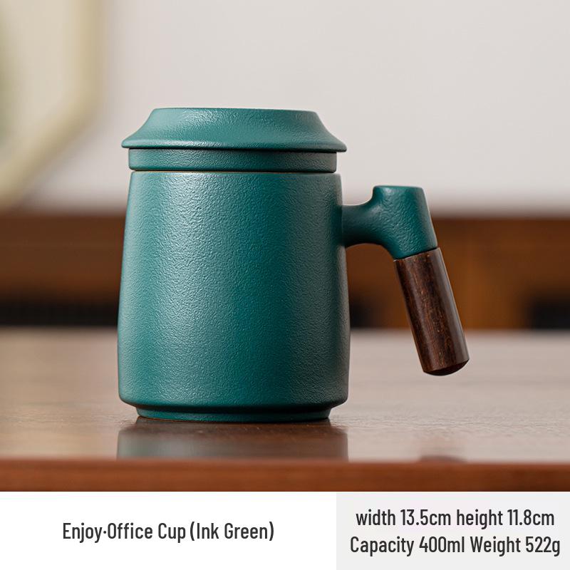 Black Pottery Ceramic Mug with Lid and Liner - Tea & Water Separation Cup, Ideal Office Gift
