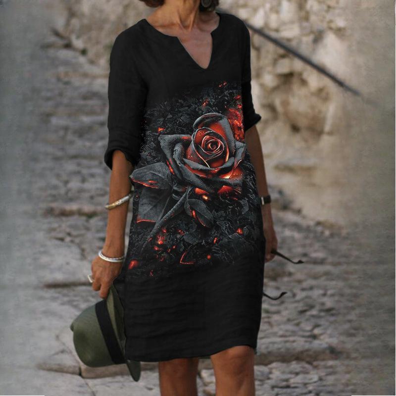 

QICED Летние платья с принтом из бамбукового волокна, свободного льна, с цветочным принтом и короткими рукавами, женские винтажные литературные платья с круглым вырезом и пятью рукавами XXXL чёрный