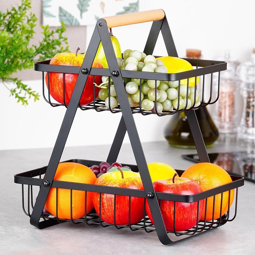 Two-tiered Basket for Fruits and Vegetables, Black Metal Platter, Basket