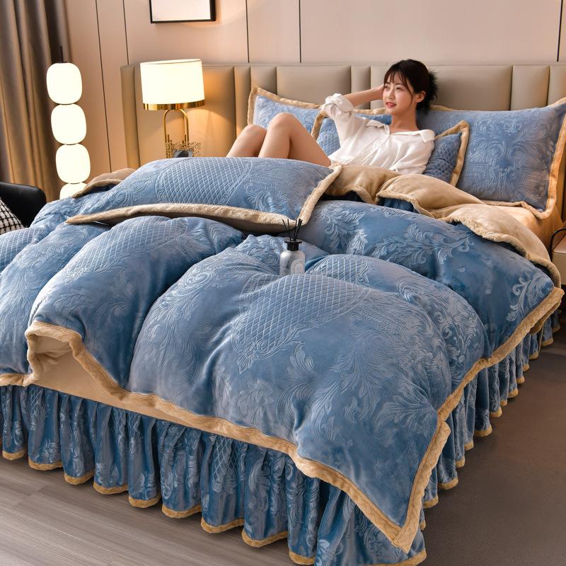Class A Maternal And Infant Grade High-Gram Carved Fleece Milk Fleece Bed Skirt4-Pcs Set, Winter Double-Sided Fleece Quilt Cover