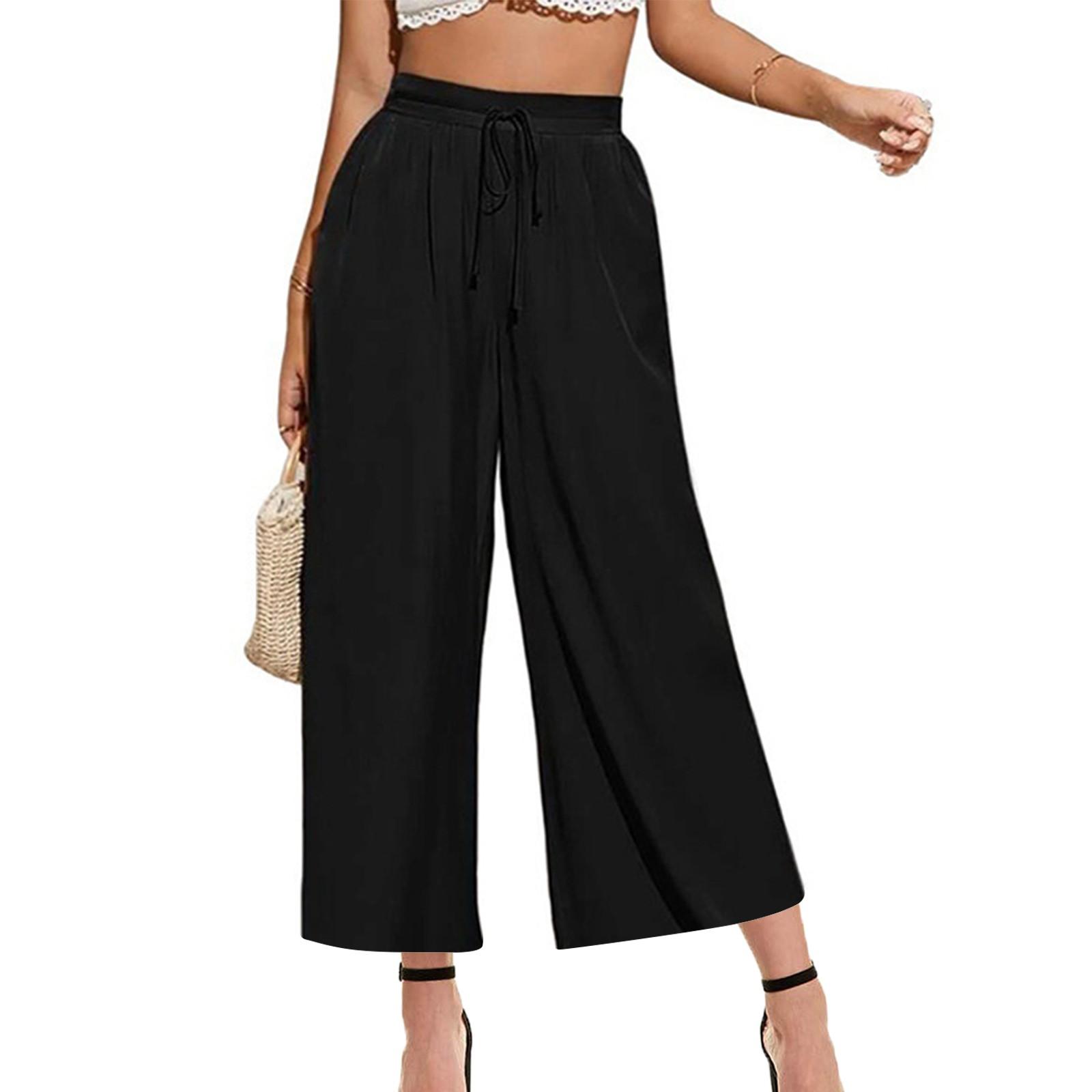 

Women s Colour Elastic Waist Drawstring Pleated Wide Leg Pants Pockets /10 Pants L чёрный
