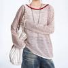 Plus Size Red Striped Backless Long Sleeve Sun Protection Women's Summer Top