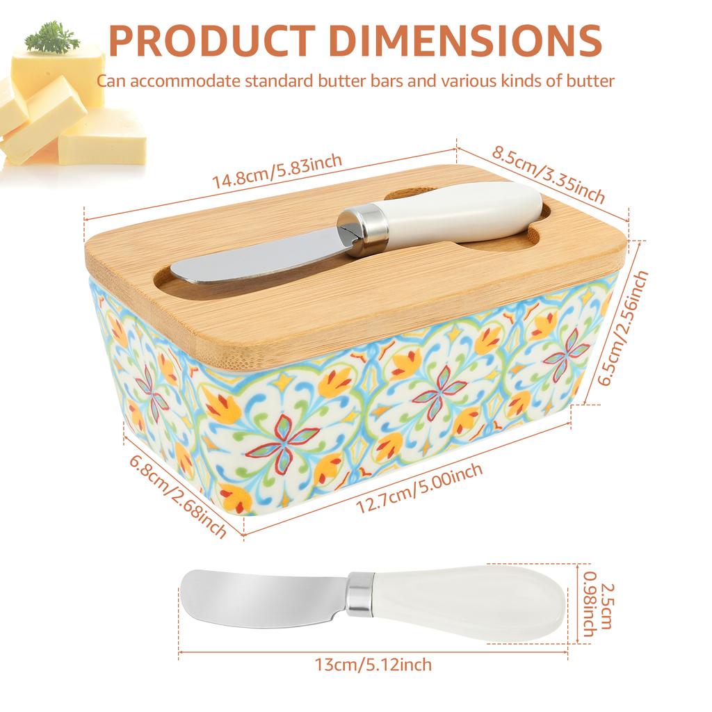 5.83" Large Butter Dish Vintage Ceramic Butter Box with Bamboo Lid Multi-role Counter Square Food Storage Box Kitchen Supplies