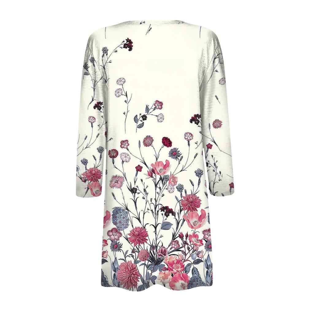 Women's Fashion Loose Casual Pocket Printed Cardigan Seven Sleeve Jacket Top