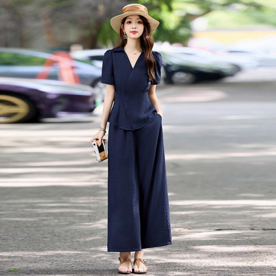

Design sense fashion suit women s new temperament waist thin short-sleeved shirt wide-leg pants two-piece set XXL