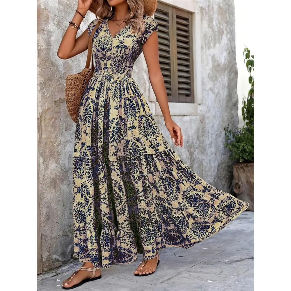 Women's short-sleeved V-neck retro printed dress Fashion elegant long dress