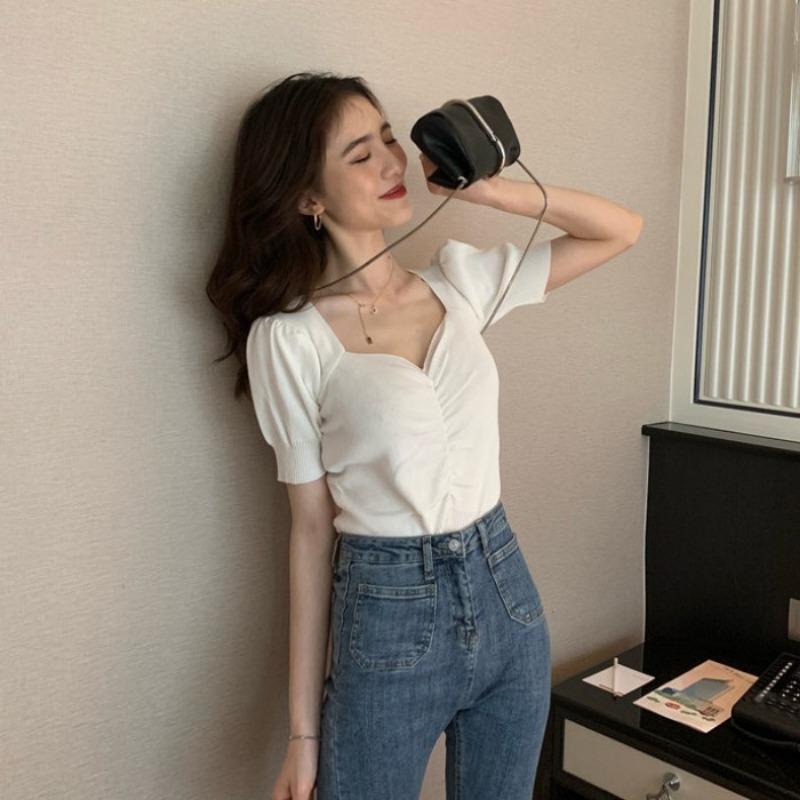 

Летняя сексуальная блузка с коротким рукавом и рукавом-фонариком, облегающая трикотажная рубашка с коротким рукавом и V-образным вырезом, женская повседневная удобная и стильная облегающая футболка-пуловер One Size белый