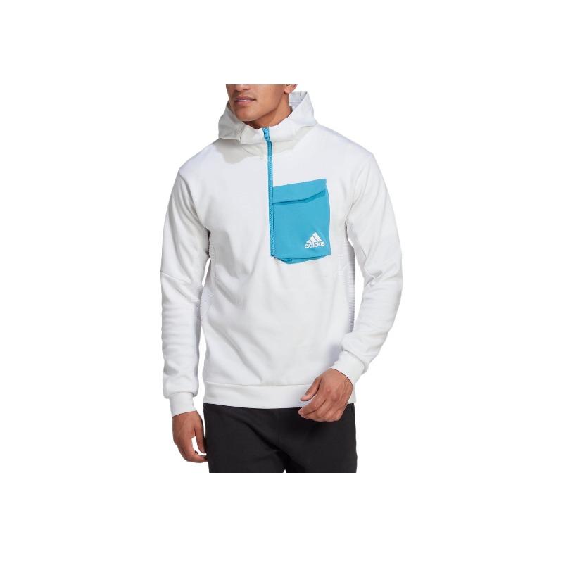 adidas Logo Half-Zip Hooded Long Sleeve Sweatshirt With Chest Pocket Men Sweatshirt White HL3859
