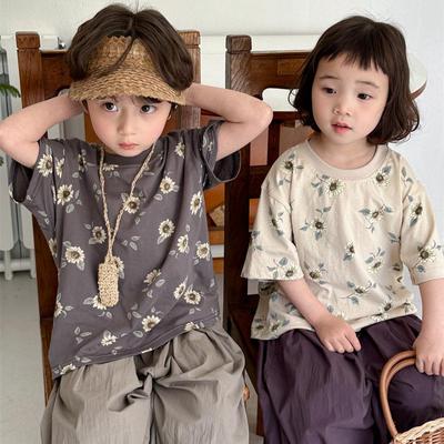 Jiaye Tongpin 2025 Kids' Floral Print Short-Sleeve T-Shirt - Unisex Loose Fit Fashion