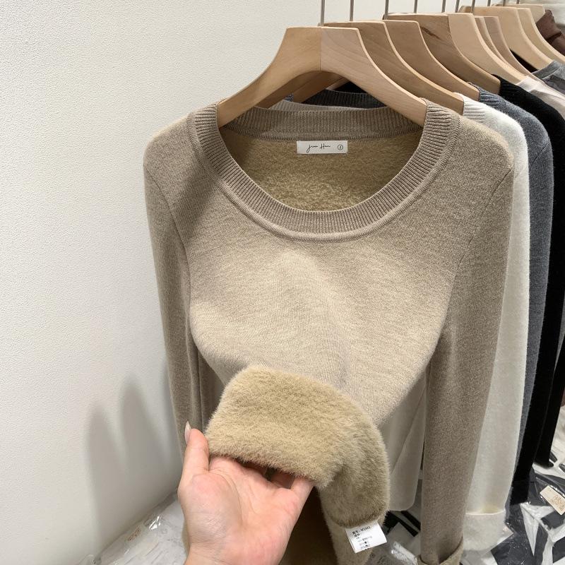 Korean European Style Women's Autumn/Winter Velvet Knit Round Neck Long Sleeve Base Layer, Unique 2025 Design.