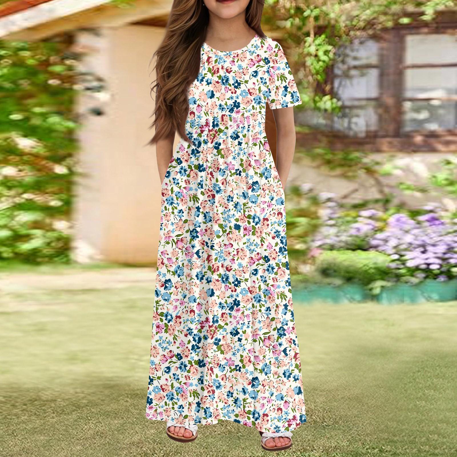 

Girls Long Summer Dress - Short Sleeve Pocket Maxi Dress For 4-14Y 160 кавун червоний колір