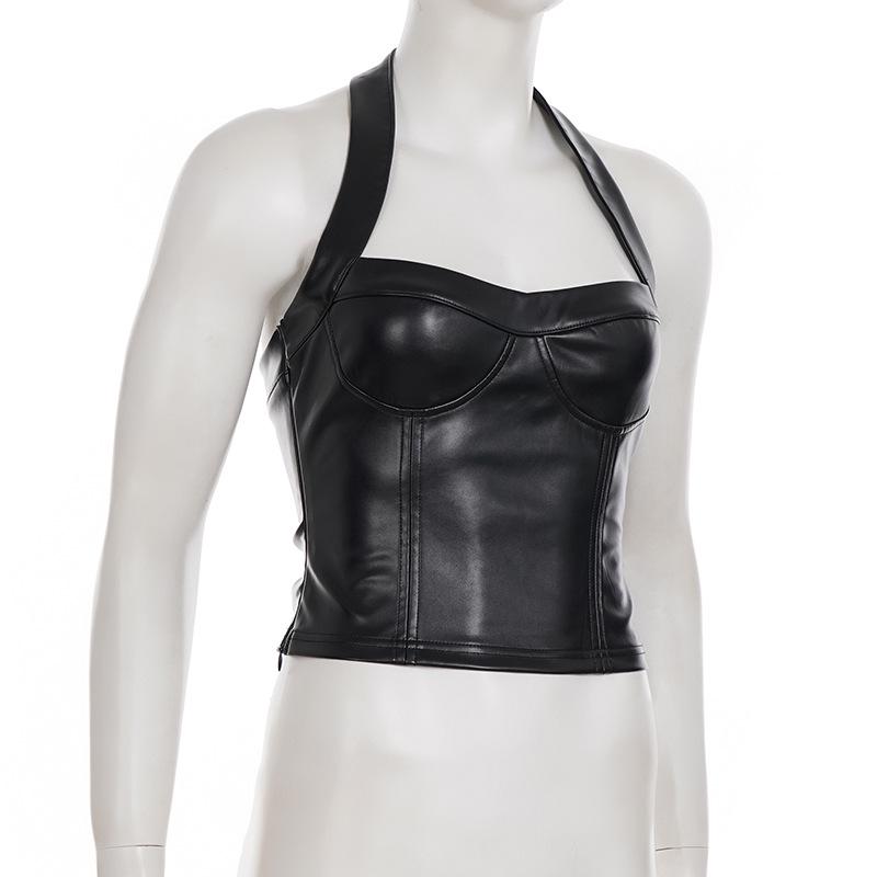 Sexy Street Style Leder-Neckholder-Top - Einfarbig, Tief ausgeschnitten Trendige Kleidung