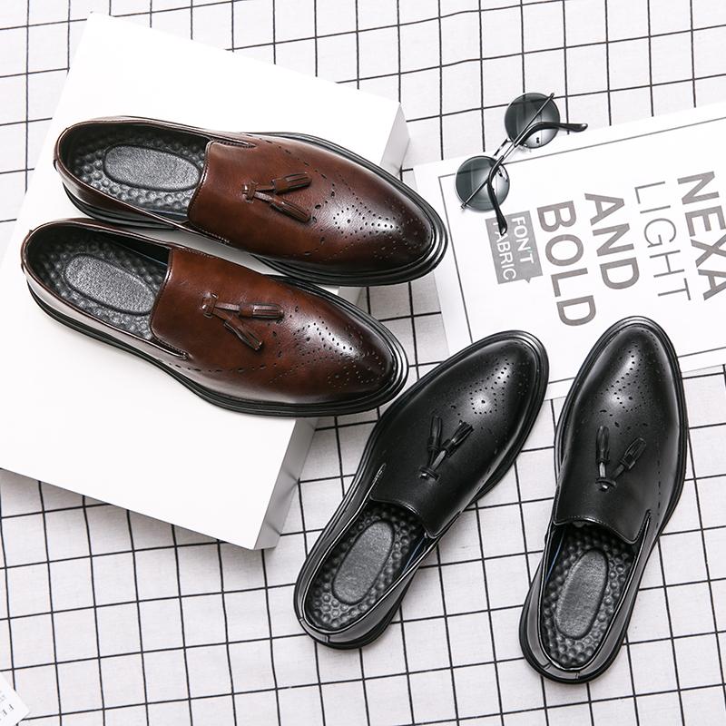 New Men's Fashion Business Tassel Loafers Luxury Brogue Carving Leather Shoes Formal Dress Slip-On Driving Shoes Party Pea Shoes