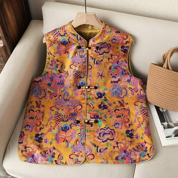 2026 Spring New Fashion Retro Floral Chinese Style Women s Vest 2XL (110-125 jin) золотистый