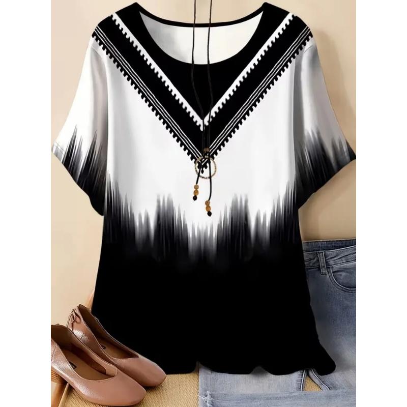 Fashion Women s Crew Neck Short Sleeve 3D Color Printing Striped Color Printing Crew Neck T-Shirt XS