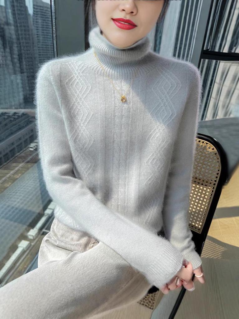 Women's High Neck Cable Knit Wool Sweater - Slimming Long Sleeve Cashmere Top