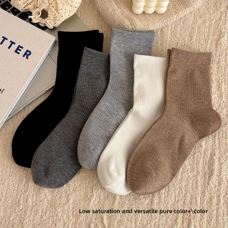 Wool Socks - Trendy Autumn-winter Color Double-needle Mid-calf Socks with Boodles Shoes for Warmth and Layering Effect