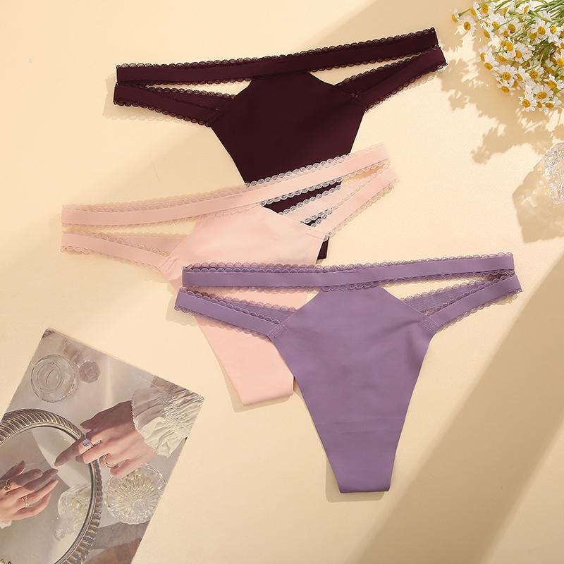 FINETOO 3Pcs/Set Women Thongs V Waist G-String Solid Color Striped Panties Female T-Back Underwear Intimate Lingerie