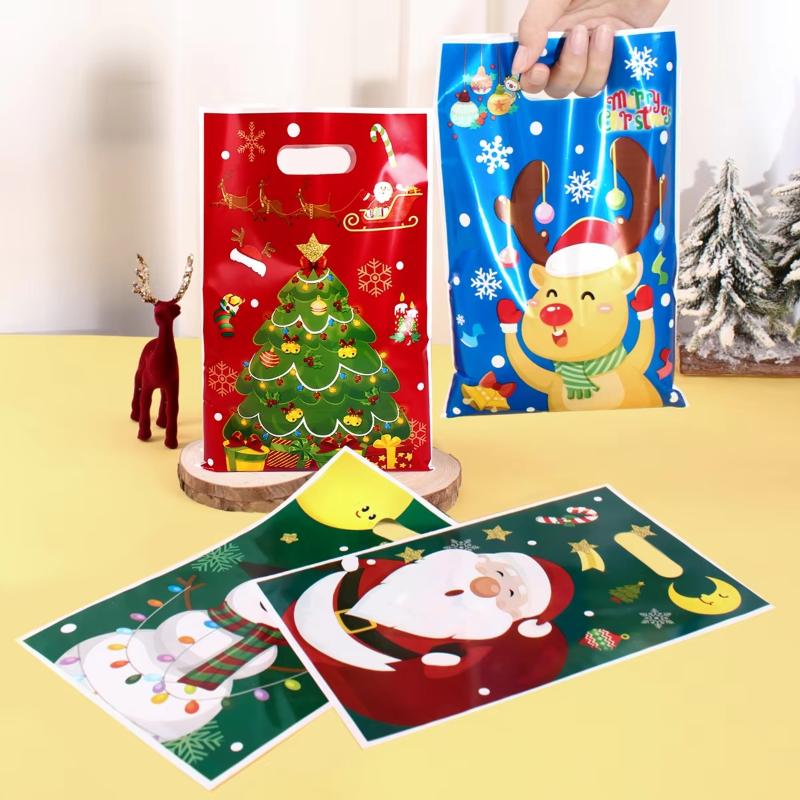 100PCS Christmas Gift OPP Bags Santa Snowman Reindeer Tree Pattern Party Favor Bag with Handle Candy Gifts Packaging Bags