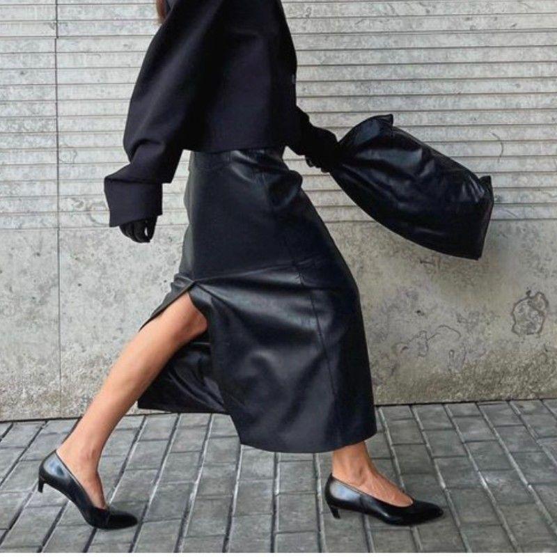 

Sister Tuo Gloss Long Back Slit High Waist Leather Hip Skirt Black S