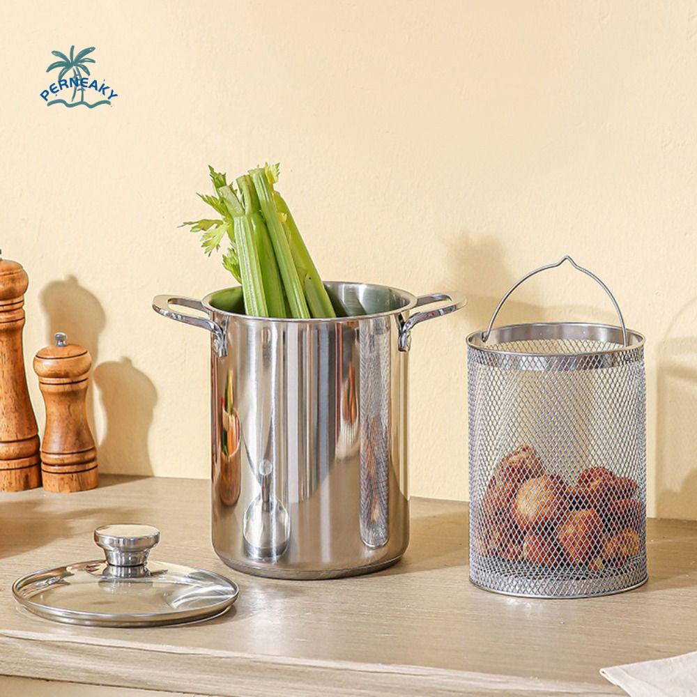 Kitchen Cookware 304 Stainless Steel Deep Fryer Visible Lid Deepened Tempura Fryer With Basket Oil Storage Tank Dormitory