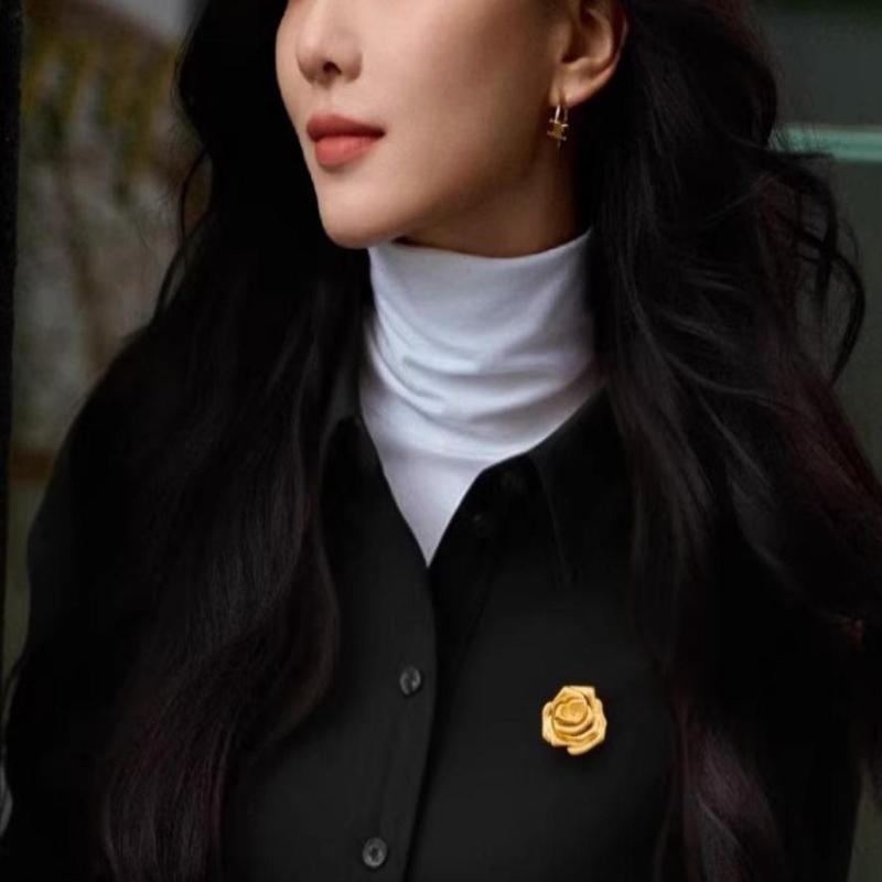 Gold Rose Brooch Retro Romantic Lapel Pin 1Pcs Unisex Anti-deform Clothing Accessory for Date Travel Daily Wear Gift