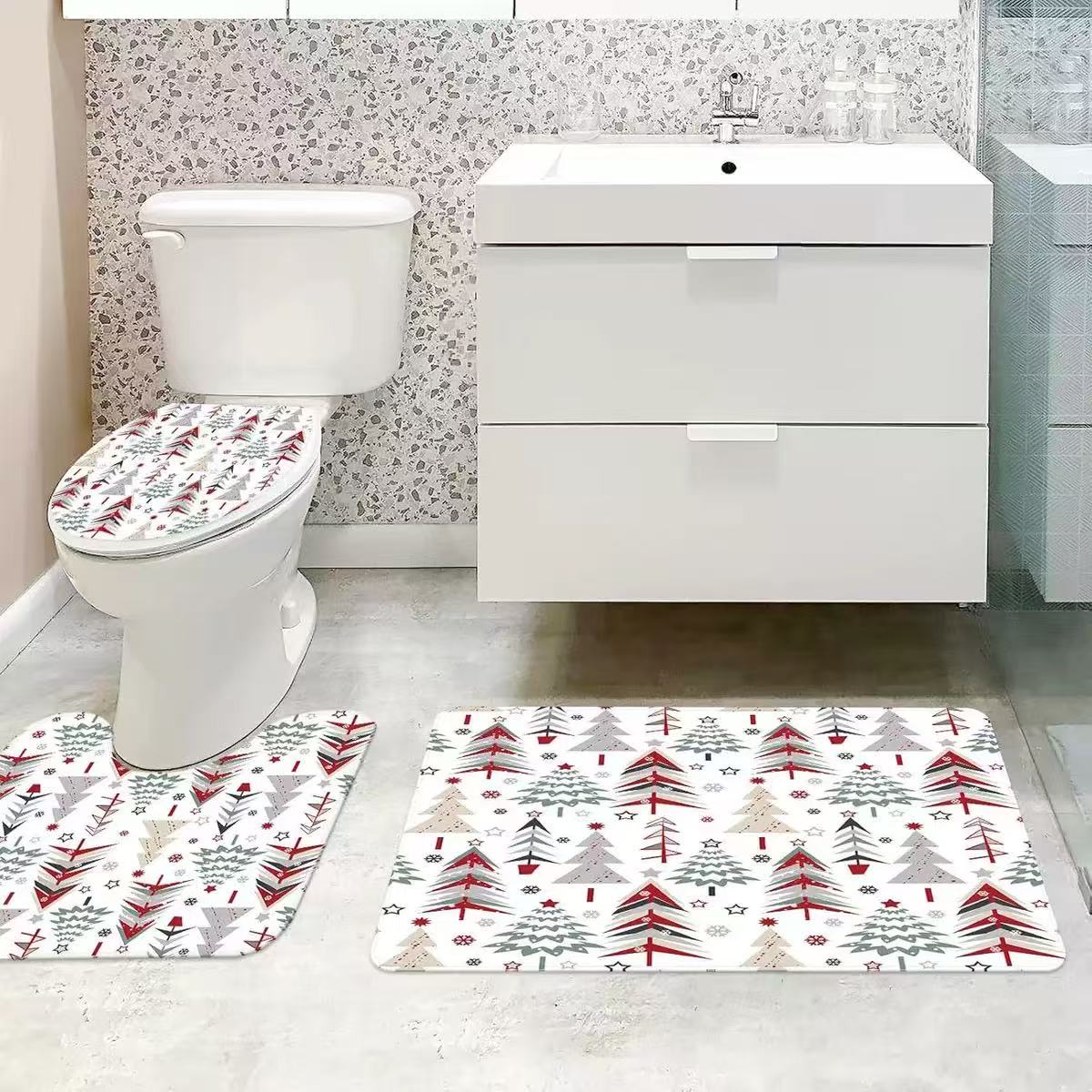 

Christmas Shower Curtain Set With Snowflakes & Stars,Waterproof Bathroom Decor,Red/Green/Gray Holiday Pattern W60H190(CM)-1 Pcs
