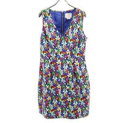 Silk Blend Floral No Sleeve V Neck One Piece 8 Navy Women Used