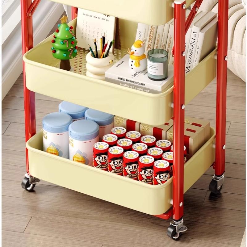 Foldable Multi-Layer Snack Storage Rack Dopamine Rolling Cart Mobile Kitchen Organizer Floor Stand Book Storage Rack