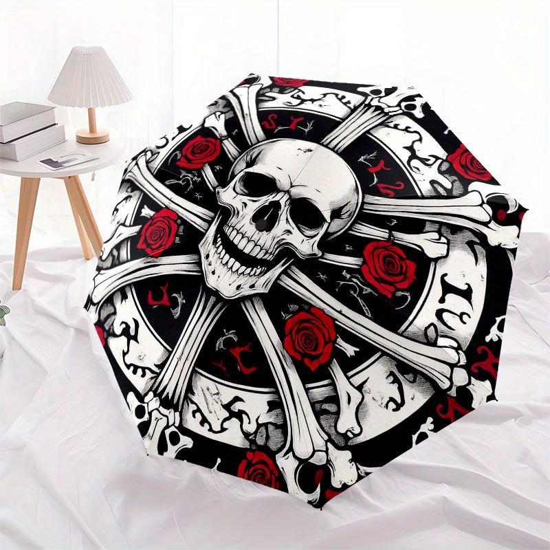 Skull & Roses Crossbones Circular Wall Art Decor Umbrella, Portable 3-Fold Compact Umbrella for Men & Women R135