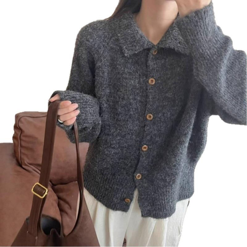 Lazy Single-breasted Solid-color Knitted Sweater Women's Cardigan Autumn and Winter Wear Loose and Thin Top Jacket