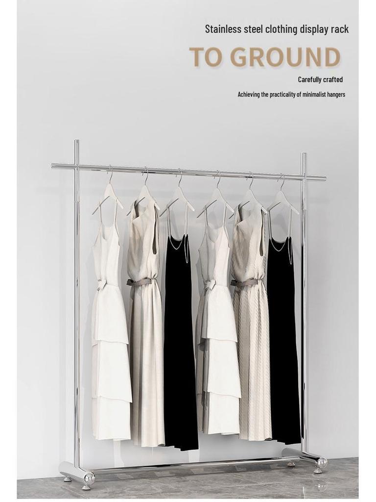 Adjustable Clothing Display Rack with Wheels – Stainless Steel, for Women's and Children's Apparel.