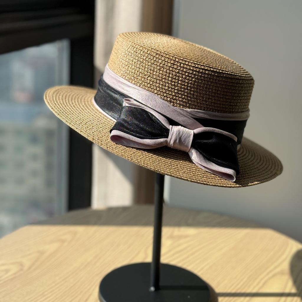 New Straw Woven Flat Top Top Hat Bow Straw Hat Summer Outing Seaside Sunshade and Sun Protection