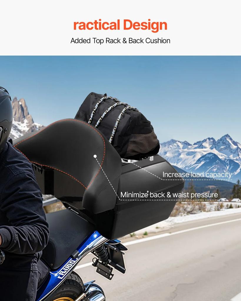 VEVOR Motorcycle Top Case, Universal Durable PP Material Motorbike Tail Box with Reflective Panel