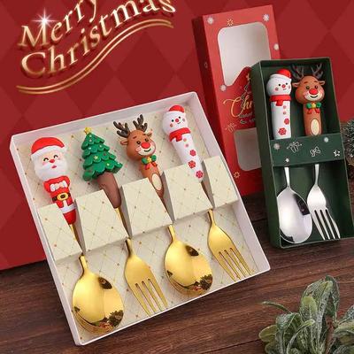 4PCS Christmas Gift Spoon Fork Cutlery Set Elk Christmas Tree Decoration Dessert Scoop Cake Fork Coffee Spoon Cutlery Set