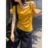 Korean Yellow Slanted Shoulder Short-sleeved T-shirt Slim Versatile Off-the-shoulder Strap Design Spice Girl Top
