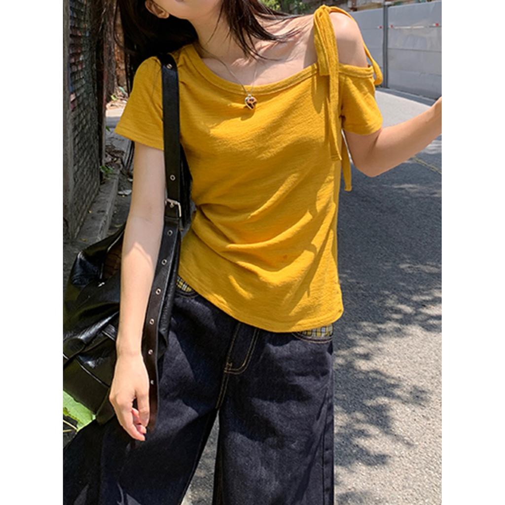 Korean Yellow Slanted Shoulder Short-sleeved T-shirt Slim Versatile Off-the-shoulder Strap Design Spice Girl Top