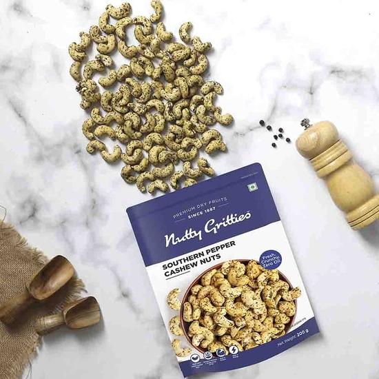Nussige Knusper Premium Jumbo Größe Südlicher Pfeffer Cashewkerne 200g, Natürliche Geschmacksrichtung Ganze Cashewkerne | Null Bruch | Wiederverschließbarer Beutel
