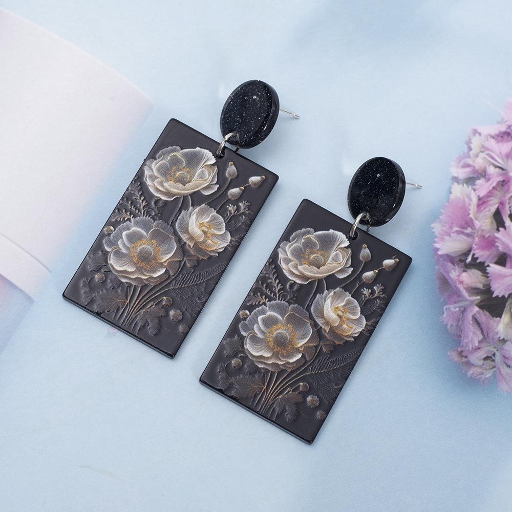 Vintage Geometric Black & White Flower Embossed Acrylic Earrings for Women