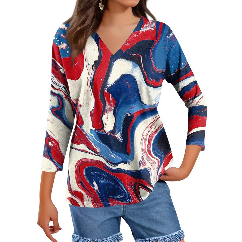 Women's Tops Three-quarter Sleeve Shirt V-neck Loose Casual Shirt Floral Print T-shirt