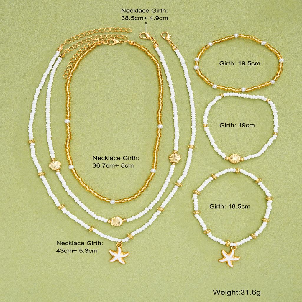 iF ME Set da 6 Pezzi Collana con Ciondoli Stella Marina e Conchiglia Perline di Riso Braccialetti Bohemian Elegante Set di Gioielli Colore Oro Bianco Accessori per le Feste