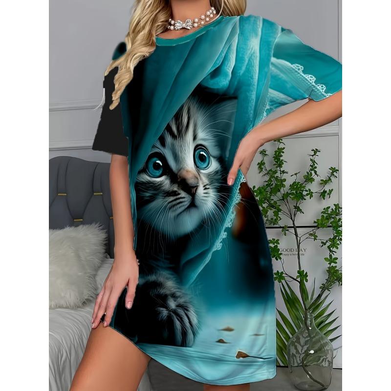 Süßes Damen-Nachthemd mit Katzenprint, Rundhalsausschnitt, Kurzarm
