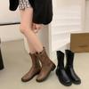 Retro Western Cowboy Boots Women's New 2025 Brown Ort Soft Leather Mid-Calf Riding Boots Thi Heel  Boots