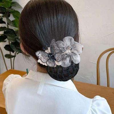 Bank Staff Women Hairpin Korean Style Headdress Flower Bun Net Snood Flower Butterfly Spring Clip
