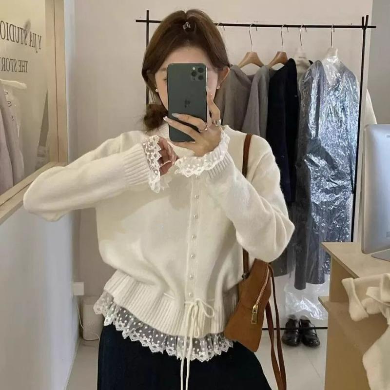 Korean Fashion Crew Neck Sweet Lace Waist Tuck-up Sweater Spring Autumn Knitted Cardigan Loose Slim Fit Top Elegant Casual Jackets Lace-up Clothing