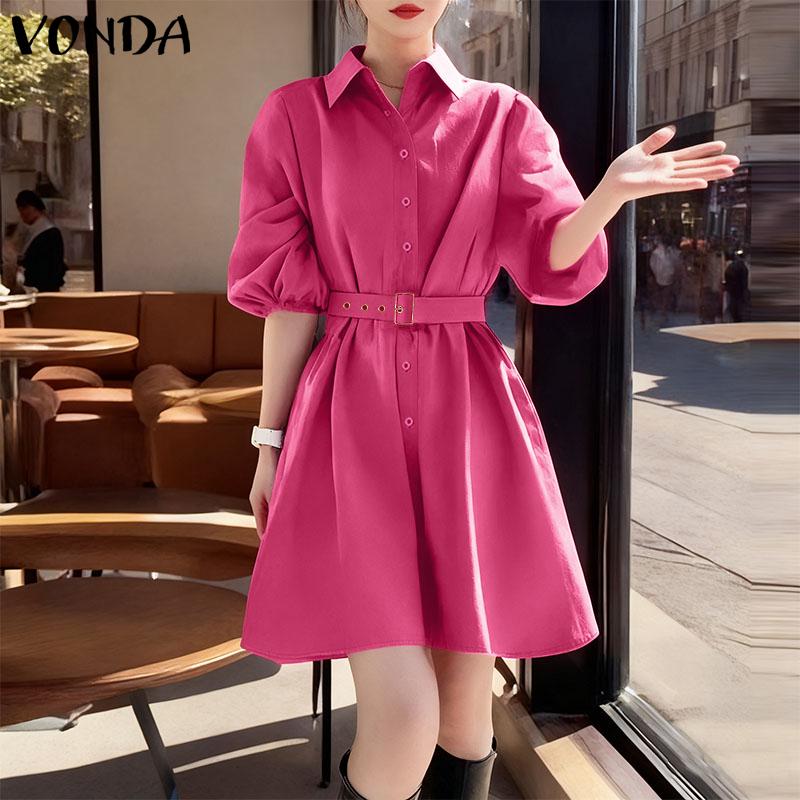 VONDA Women Casual Lapel Neck 3/4 Sleeve Slim Waist Pleated Mini Dress
